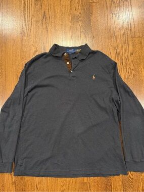 Polo by Ralph Lauren Dark Charcoal Long Sleeve Polo with Brown Placket size XL